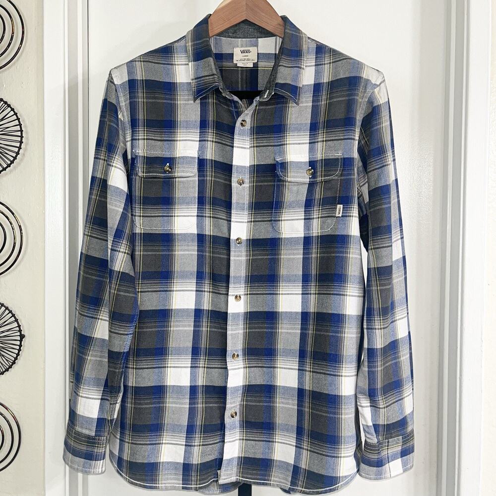 VANS Mens Button Front Shirt Grunge Skater - Blue, White, Gray Plaid, Size L